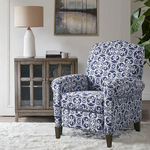 JLA Home Madison Park - Push Fretwork-Patterned Recliner Navy — High Camel Back, Rolled Arms, Solid Wood Legs, Push-Back Comfort MP103-1051