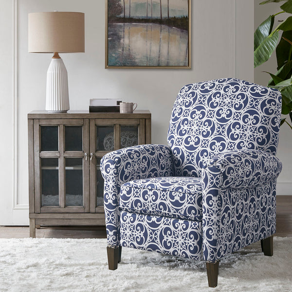 JLA Home Madison Park - Push Fretwork-Patterned Recliner Navy — High Camel Back, Rolled Arms, Solid Wood Legs, Push-Back Comfort MP103-1051