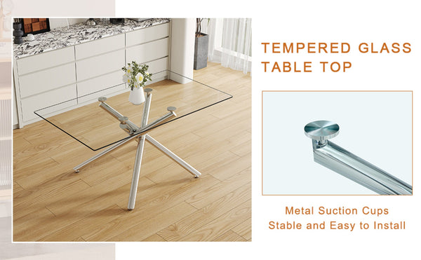 English Elm Table Set - Modern Luxurious Transparent Glass Dining Table With 4 Light Gray Pu Chairs & Metal Legs W1151S04131-GIGA