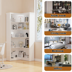 English Elm Corner 5-Tier Bookshelf White MDF – Space-Saving Corner Storage, Sturdy Durable Design for Home Study W3062P289213