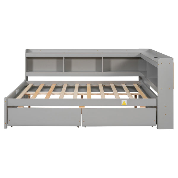 English Elm Full Size L-Shaped Bed With Bookcases, Usb Ports & Drawers - Space-Saving Grey Bedroom Solution W504S00245