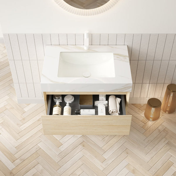 English Elm FRIGGA 30" Floating Bathroom Vanity with Calacatta Gold Sintered Stone Top, LED Sensor, Plywood Cabinet W2615S00293