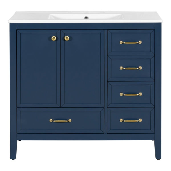 English Elm 36" Solid Pine Bathroom Vanity with Ceramic Sink 4 Soft Close Drawers Vintage Style Blue N759S293646C