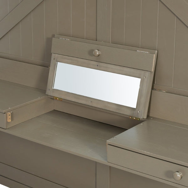 English Elm Queen Murphy Bed Cabinet with Vanity Desk Hydraulic Lift Mirror Distressed Finish Gray LP000766AAE-1