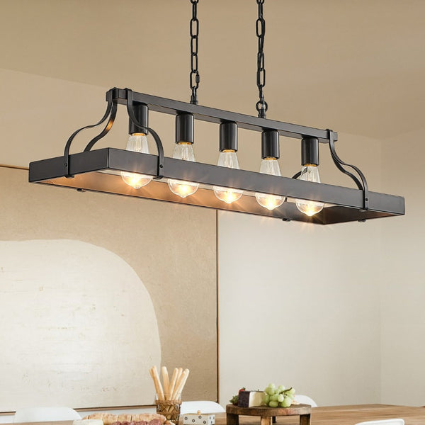 English Elm 34-inch Matte Black Iron Linear Chandelier Five Sockets Industrial Farmhouse Dining W1340P251925