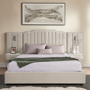 English Elm Queen Velvet Platform Bed with Tufted Headboard Integrated Nightstands and Striped Design Beige W487S00440