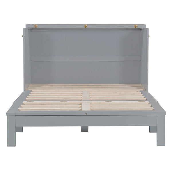 English Elm Full Size Murphy Bed Rattan Cabinet with Storage Drawers and Gold Hardware Gray N708S00009E