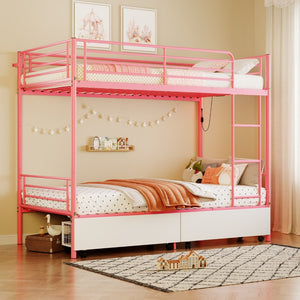 English Elm Bunk Bed Twin Iron Frame with Usb Charging Built in Guardrail and Convertible Design W3752P430826