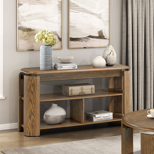 English Elm Brown Round Swivel Top Coffee Table with Oak Veneer, Open Shelf & Casters for Stylish Living Brown 54 L x 20 W x 13 H B011P351966