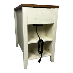 English Elm Farmhouse Nightstand with Charging Station and Barn Door Drawer — USB-C, AC Outlets, Compact Storage Brown+White W1412P230407