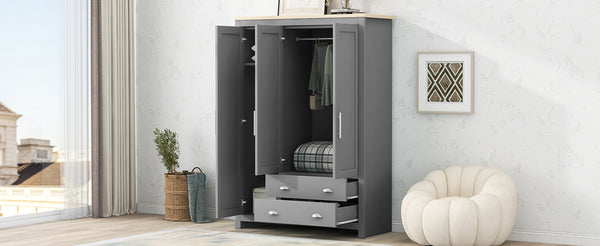 English Elm Three Door Pine Wardrobe with Two Drawers & Dual Hanging Rods, Gray Storage Armoire for Closet Organization, Sturdy MDF Build GX001834AAE