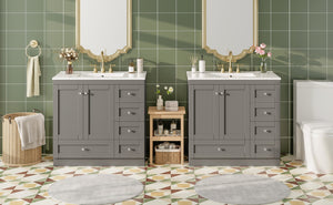 English Elm 72 Shaker Bathroom Vanity 72" Double-Sink Freestanding with Ceramic Basin, Soft-Close Drawers & Doors Grey N729P000010E