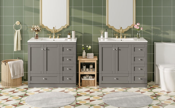 English Elm 72 Shaker Bathroom Vanity 72" Double-Sink Freestanding with Ceramic Basin, Soft-Close Drawers & Doors Grey N729P000010E