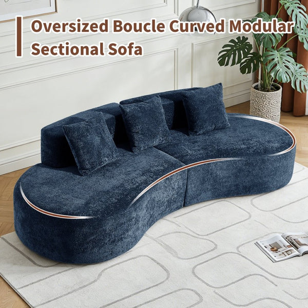 English Elm 3-seater Velvet Curved Sectional Sofa Plush Cloud Design for Open Living Rooms Blue W1765S00122