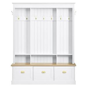 English Elm Farmhouse Hall Tree with Triple Arch Back Panel Eight Hooks Drawers and Entryway Bench White N721S000062K