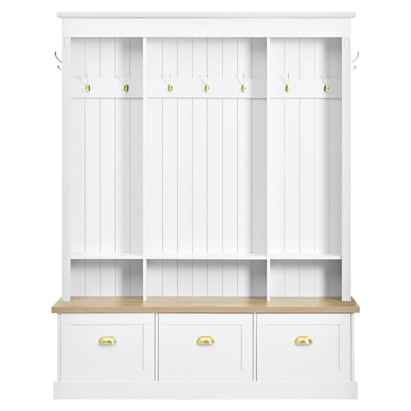 English Elm Farmhouse Hall Tree with Triple Arch Back Panel Eight Hooks Drawers and Entryway Bench White N721S000062K