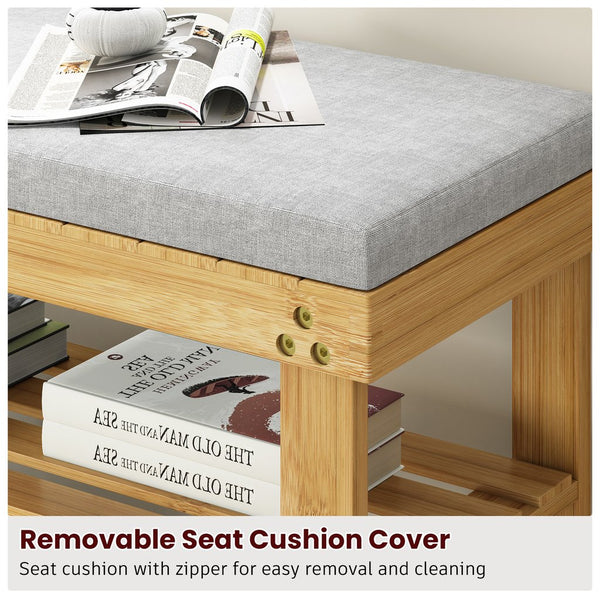 English Elm Bamboo 3-Tier Shoe Bench with Cushion & Adjustable Shelves, Durable Bamboo Frame, Khaki, 27.5" W T3210P293769