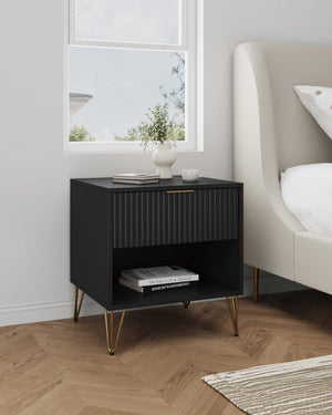 English Elm Dumbo 20" Modern Fluted Nightstand In Chic Black With Gold Accents - Stylish Storage Solution! B365P398143
