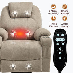 English Elm Up to 350 Lbs Chenille Power Lift Recliner with Massage Heating and Usb Charging Ports Khaki W3224S00026