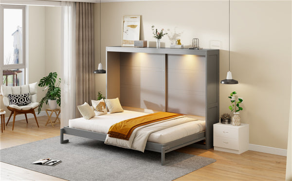 English Elm Queen Murphy Wall Bed with Led Lighting Modern Cabinet Style for Small Spaces LP000973AAE