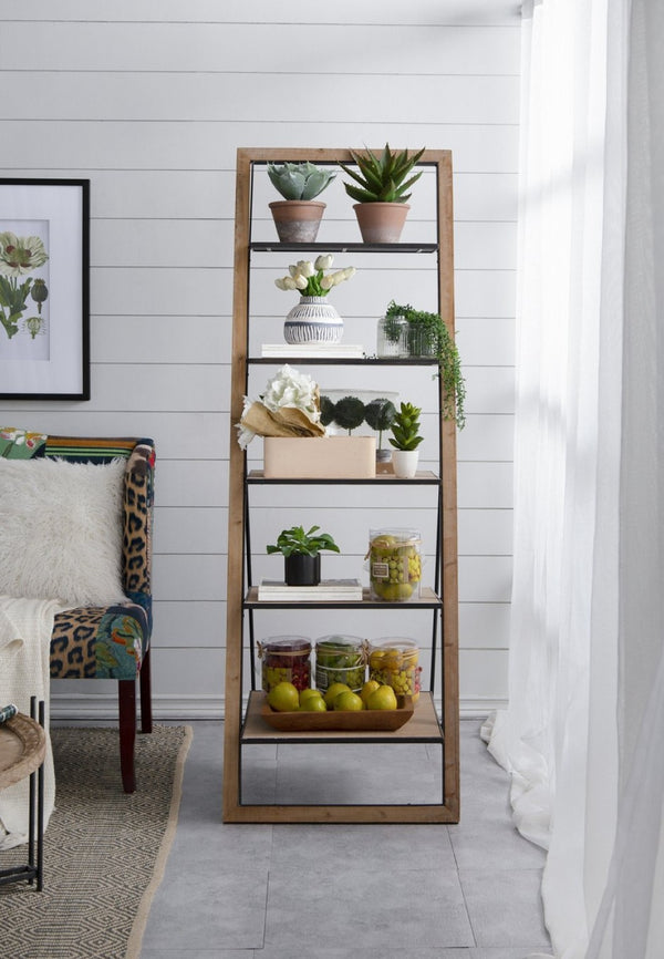 English Elm 24.8x26.4x72.4" Five Tier Fir Wood Ladder Bookshelf Farmhouse Iron Hardware Display W2078P499743