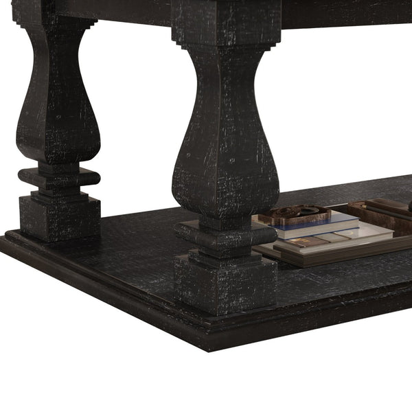 English Elm Farmhouse Coffee Table Solid Planked Wood with Open Shelf Square Baluster Living Room Antique Black W1445P362860