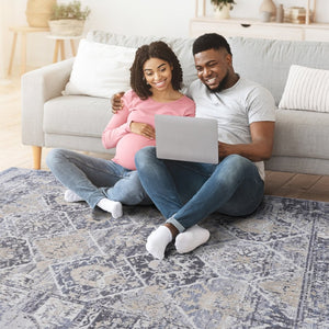 English Elm Payas Collection 6X9 Grey And Blue Traditional Area Rug - Soft, Durable, Kid & Pet-Friendly Design B189P183562-GIGA