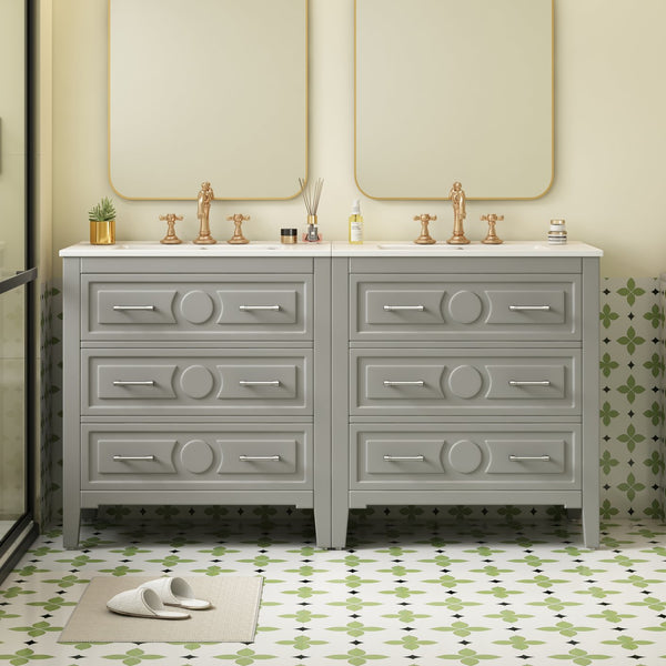 English Elm 60'' Freestanding Bathroom Vanity Set With Ceramic Sink, Gray Wood Frame & 3 Soft-Close Drawers N710SS00003E