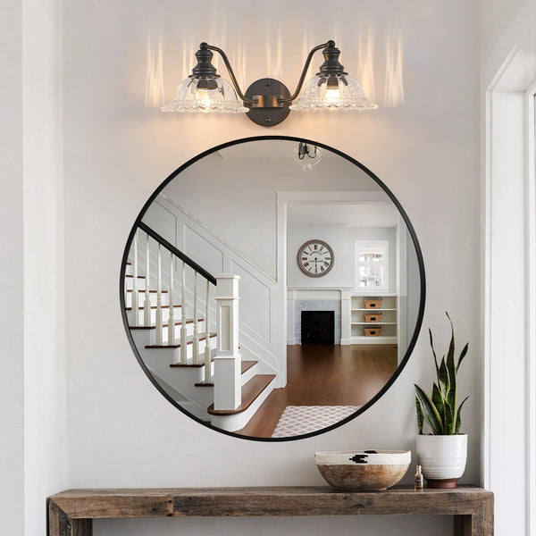 English Elm 20 Inch 2-Light Vintage Bathroom Wall Sconce - Black Iron & Glass Vanity Light for Mirror, Hallway, Bedroom, Hardwired Elegance W1340P284600