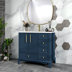 English Elm 35.6" Freestanding Bathroom Vanity with Roman Column Base and Ceramic Integrated Sink Blue W1801S00002