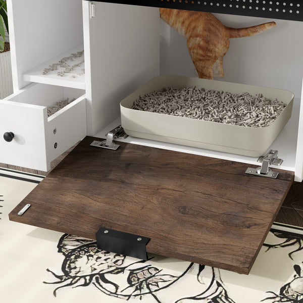 English Elm Cat Hidden Litter Box Furniture with 2 Drawers & Door, MDF Cat House End Table for Living Room, White/Brown N704P287849D
