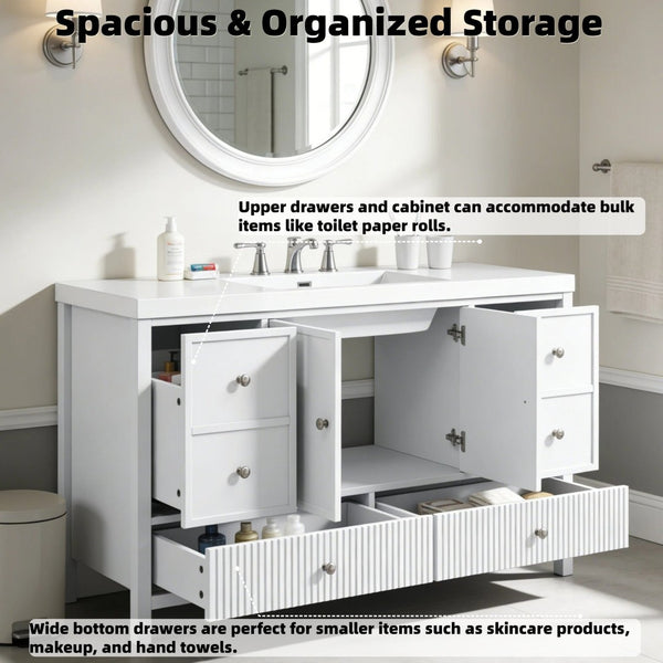 English Elm 60" Freestanding Bathroom Vanity Fluted Fronts Soft Close Drawers Drop-in Sink White N817P404100W