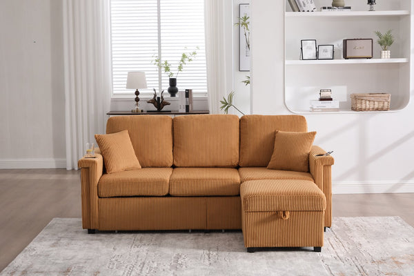 English Elm UNITED Corduroy L-Shaped Sectional Sofa with Storage Ottoman, USB Ports, Cup Holders & LED Lighting Mustard yellow W1568P332403