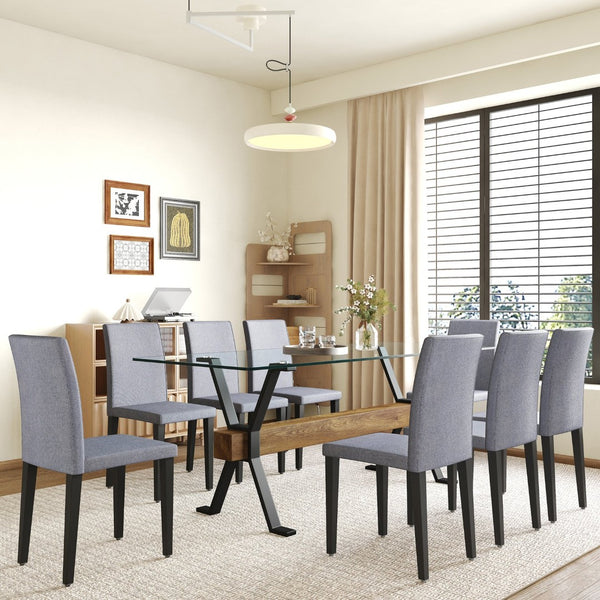 English Elm Table Set With 79" Tempered Glass Top & 8 Light Gray Linen-Cotton Chairs - Modern Elegance For Dining W1151S03619-GIGA