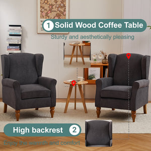 English Elm Coffee Table & Armchair Set with Vintage Roman Column Legs, Breathable Fabric, Solid Rubberwood Craftsmanship Antique Dark Grey W2989P339879