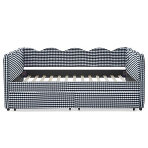 English Elm Full Size Gingham Linen Daybed with Wave Backrest Trundle and Usb Charging Port Navy Blue W1413S00148