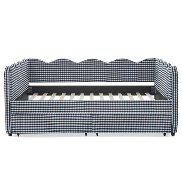 English Elm Full Size Gingham Linen Daybed with Wave Backrest Trundle and Usb Charging Port Navy Blue W1413S00148