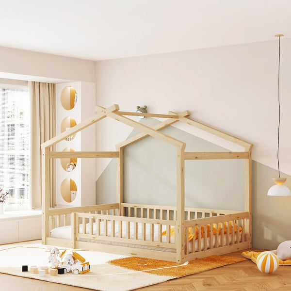 English Elm Full Size Pine Playhouse Bed with Roofline and Fence Rails for Kids Bedroom Natural WF302177AAN