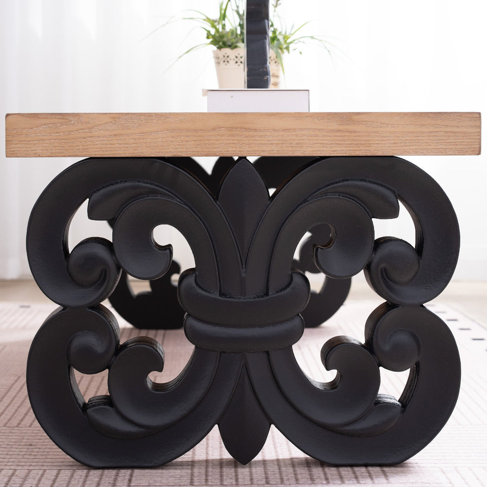 English Elm Black Scroll Base Coffee Table with Natural Wood Top, 47" Rectangular Modern Farmhouse Centerpiece, Ornate Carved Accent W2729P298231