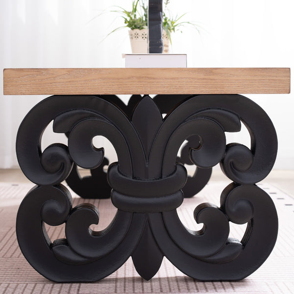English Elm Black Scroll Base Coffee Table with Natural Wood Top, 47" Rectangular Modern Farmhouse Centerpiece, Ornate Carved Accent W2729P298231