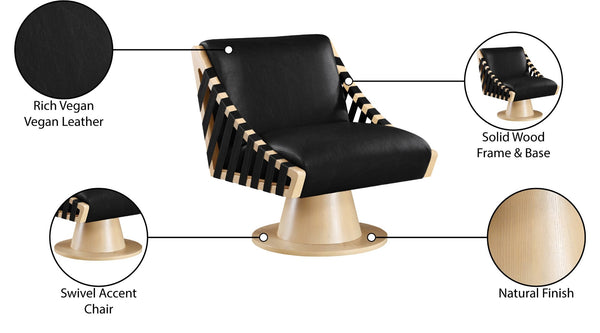 Meridian Furniture Millwin Art Deco Vegan Leather Swivel Accent Chair with Wood Base for Living Room Black Style 1 33001Black