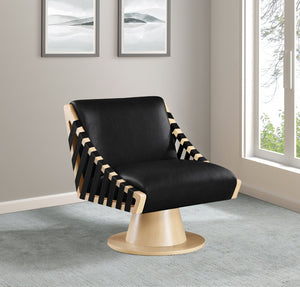 Meridian Furniture Millwin Art Deco Vegan Leather Swivel Accent Chair with Wood Base for Living Room Black Style 1 33001Black