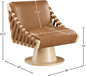 Meridian Furniture Millwin Art Deco Vegan Leather Swivel Accent Chair with Wood Base for Living Room Cognac Style 1 33001Cognac