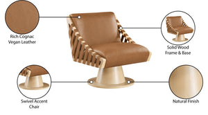 Meridian Furniture Millwin Art Deco Vegan Leather Swivel Accent Chair with Wood Base for Living Room Cognac Style 1 33001Cognac