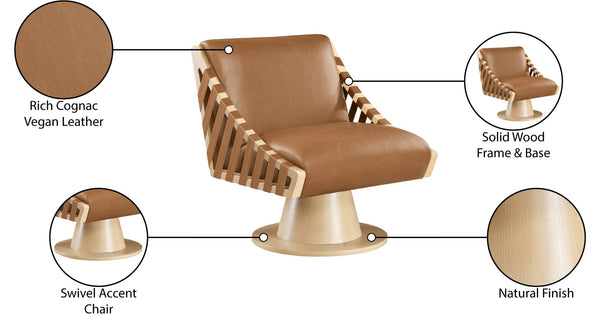 Meridian Furniture Millwin Art Deco Vegan Leather Swivel Accent Chair with Wood Base for Living Room Cognac Style 1 33001Cognac