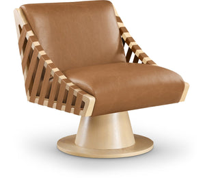 Meridian Furniture Millwin Art Deco Vegan Leather Swivel Accent Chair with Wood Base for Living Room Cognac Style 1 33001Cognac