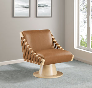 Meridian Furniture Millwin Art Deco Vegan Leather Swivel Accent Chair with Wood Base for Living Room Cognac Style 1 33001Cognac