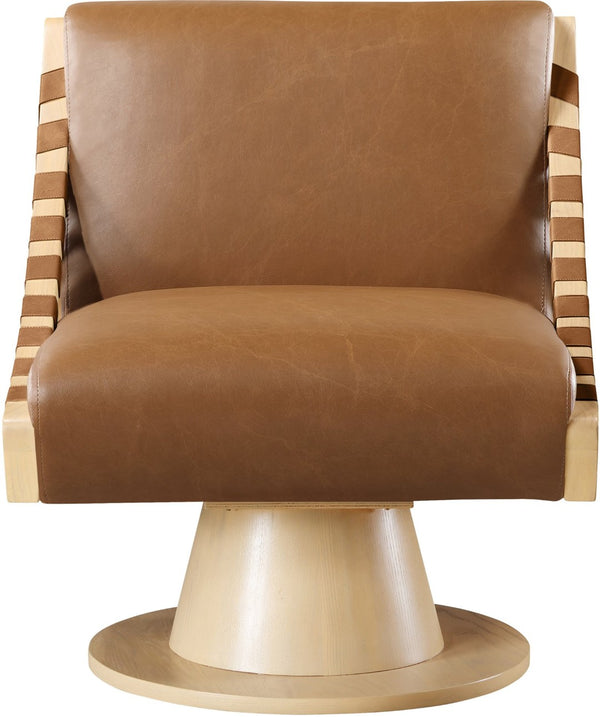 Meridian Furniture Millwin Art Deco Vegan Leather Swivel Accent Chair with Wood Base for Living Room Cognac Style 1 33001Cognac