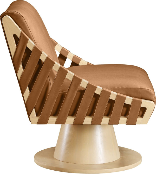 Meridian Furniture Millwin Art Deco Vegan Leather Swivel Accent Chair with Wood Base for Living Room Cognac Style 1 33001Cognac