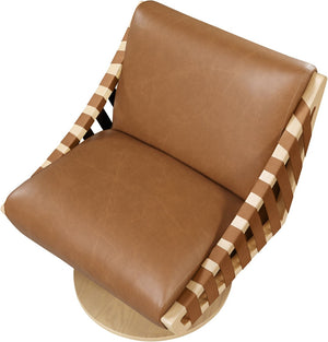 Meridian Furniture Millwin Art Deco Vegan Leather Swivel Accent Chair with Wood Base for Living Room Cognac Style 1 33001Cognac